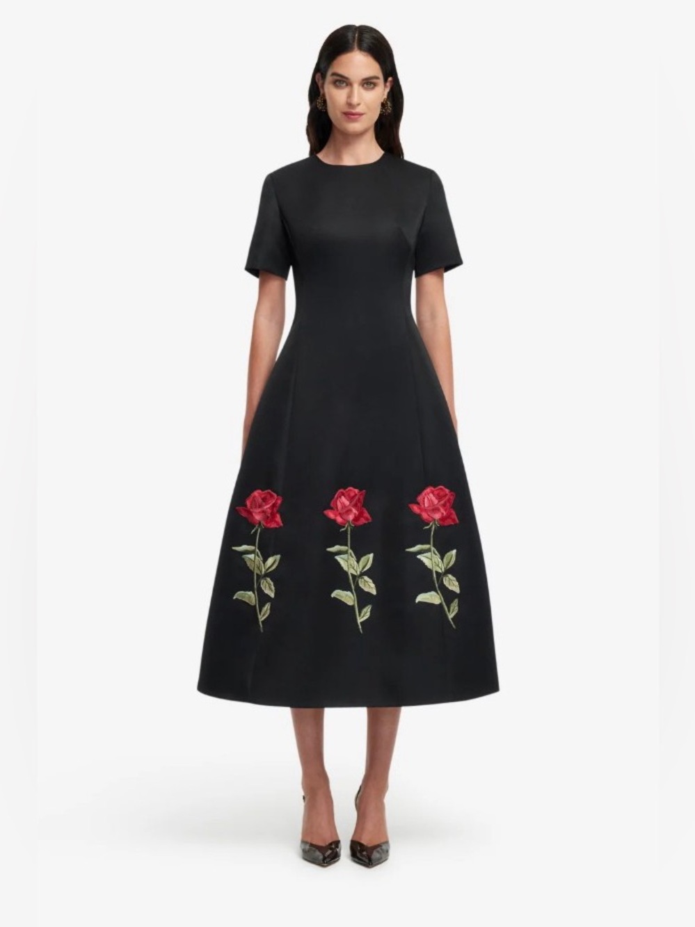 Leo Lin Black Caroline Rose Hand Embroidered Midi Dress AU8/US4 NWT